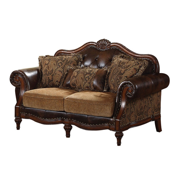 ACME Dreena Two Tone Brown Synthetic Leather & Chenille Loveseat with 3 Pillows Model 05496