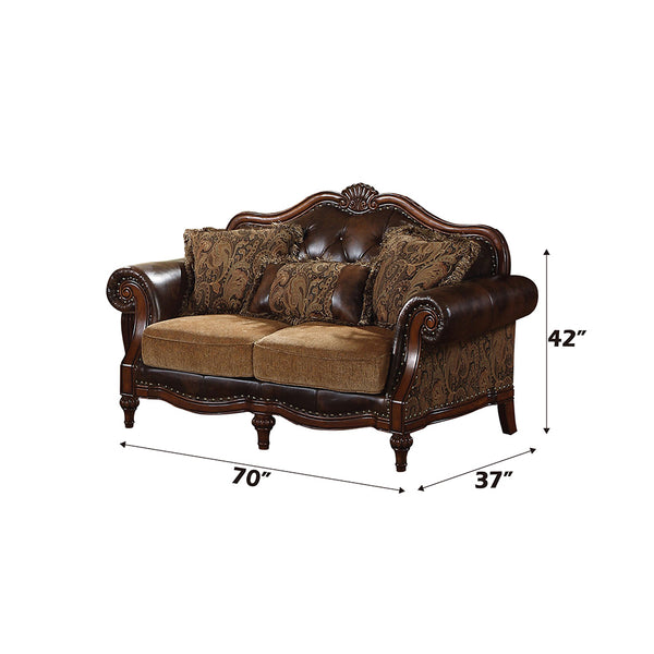 ACME Dreena Two Tone Brown Synthetic Leather & Chenille Loveseat with 3 Pillows Model 05496