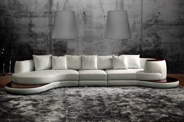 Divani Casa Rodus Modern White Leather Curved Sectional Sofa With Wood Trim Model VGEV105