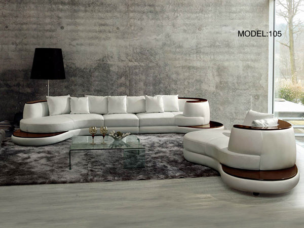 Divani Casa Rodus Modern White Leather Curved Sectional Sofa With Wood Trim Model VGEV105