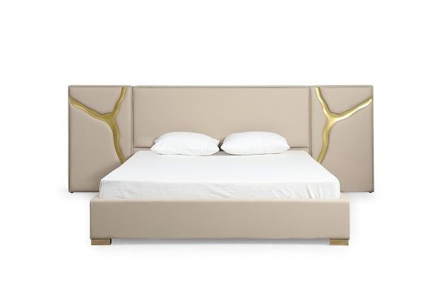 Modrest Aspen Glam Beige Bonded Leather & Gold Queen Bed Model VGVC-BD1801-BG-BED-Q