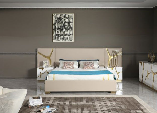 Modrest Aspen Glam Beige Bonded Leather & Gold Queen Bed Model VGVC-BD1801-BG-BED-Q