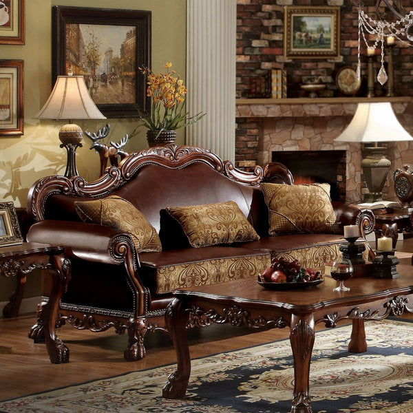 ACME Dresden Brown Synthetic Leather & Chenille Cherry Oak Sofa with 3 Pillows Model 15160