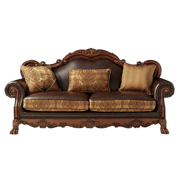 ACME Dresden Brown Synthetic Leather & Chenille Cherry Oak Sofa with 3 Pillows Model 15160