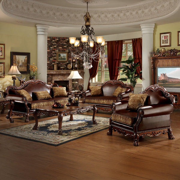 ACME Dresden Brown Synthetic Leather & Chenille Cherry Oak Sofa with 3 Pillows Model 15160