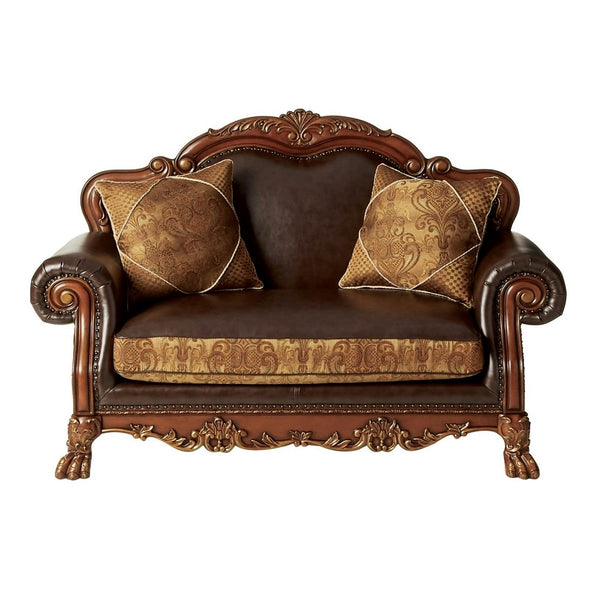 ACME Dresden Brown Synthetic Leather & Chenille Cherry Oak Loveseat with 2 Pillows Model 15161