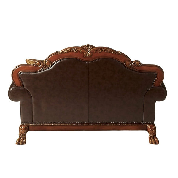 ACME Dresden Brown Synthetic Leather & Chenille Cherry Oak Loveseat with 2 Pillows Model 15161