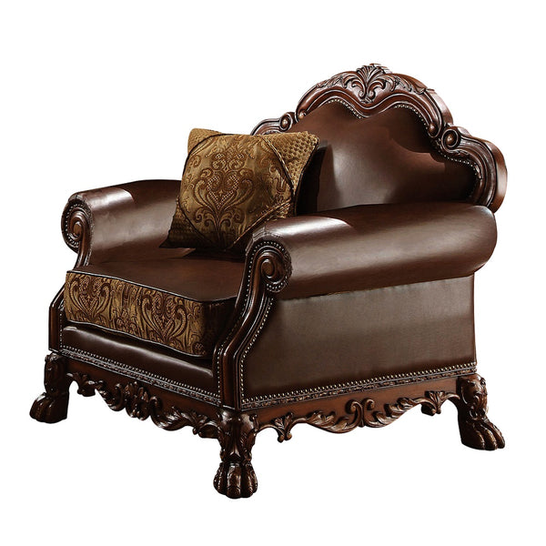 ACME Dresden Brown Synthetic Leather & Chenille Cherry Oak Chair with Pillow Model 15162