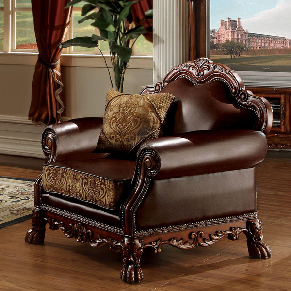 ACME Dresden Brown Synthetic Leather & Chenille Cherry Oak Chair with Pillow Model 15162