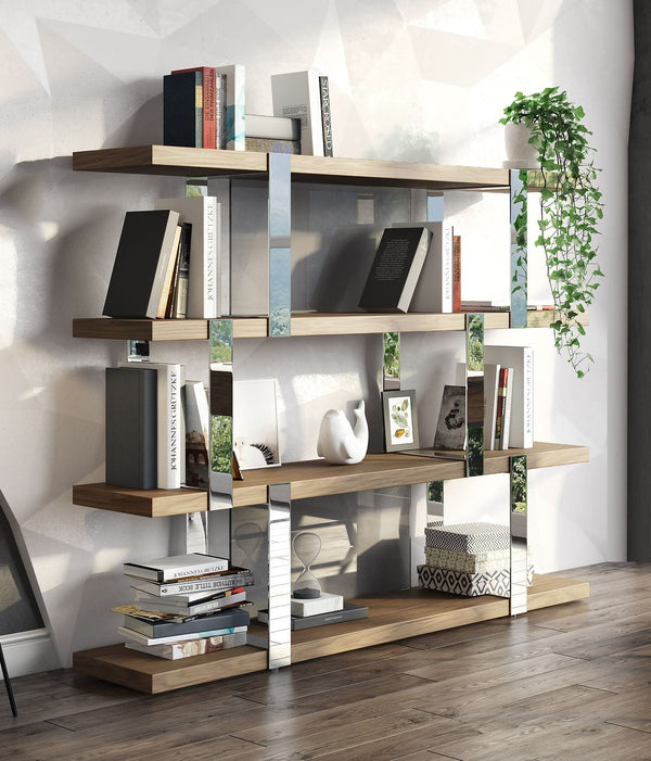 Modrest Brewer Modern Walnut Glass & Stainless Steel Bookshelf Model VGBBMQ2001SF-SHELF