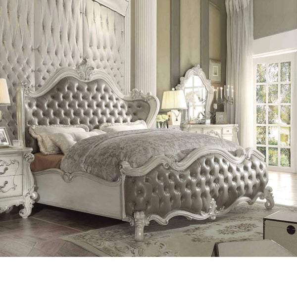 ACME Versailles Vintage Gray Synthetic Leather & Bone White Queen Bed Model 21150Q