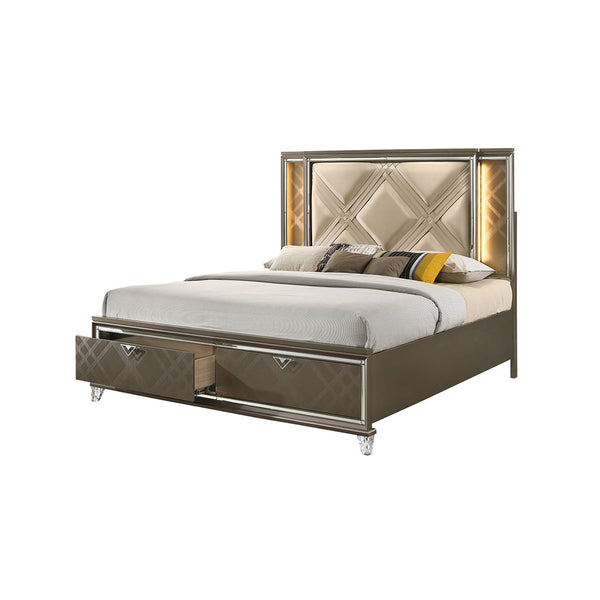 ACME Skylar LED Synthetic Leather & Dark Champagne Eastern King Bed with Storage & LED Model 25317EK