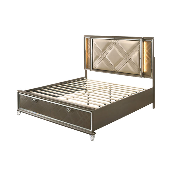 ACME Skylar LED Synthetic Leather & Dark Champagne Eastern King Bed with Storage & LED Model 25317EK