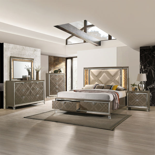 ACME Skylar LED Synthetic Leather & Dark Champagne Eastern King Bed with Storage & LED Model 25317EK