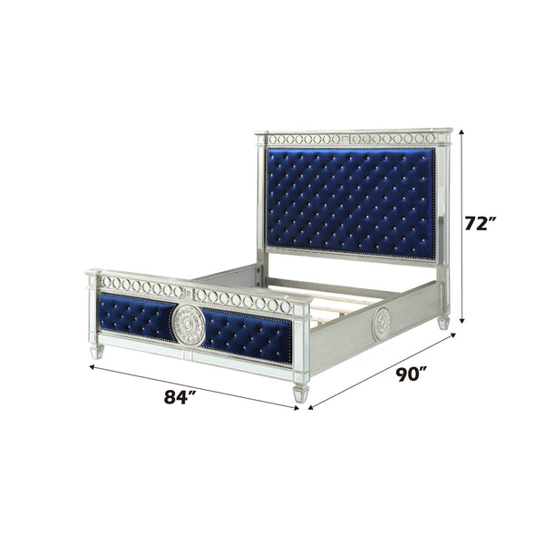 ACME Varian Blue Velvet Mirrored & Sliver Eastern King Bed Model 26147EK