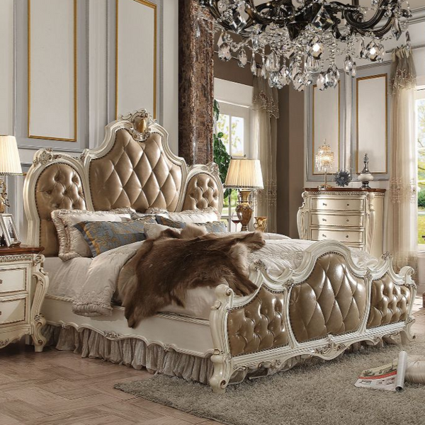 ACME Picardy Butterscotch Synthetic Leather & Antique Pearl Queen Bed Model 26900Q