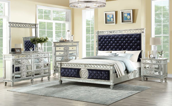 ACME Varian Dark Navy Velvet & Mirrored Queen Bed Model 27350Q