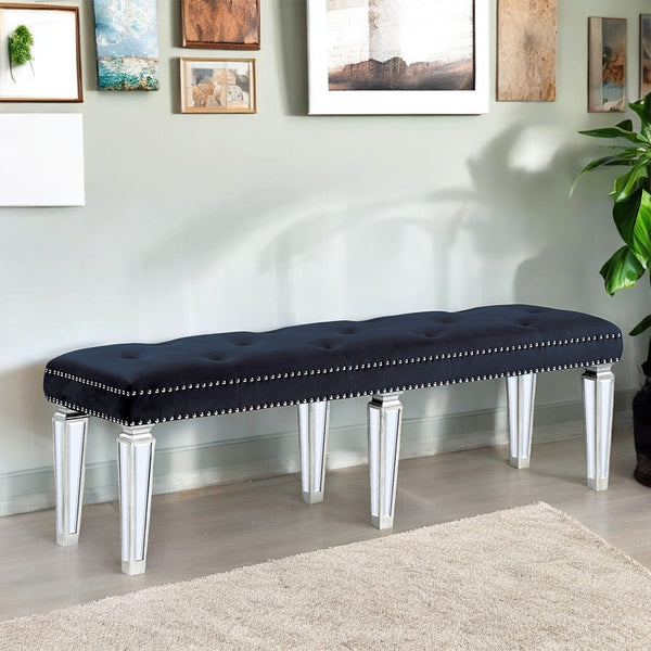 ACME Varian Dark Navy Velvet & Mirrored Bench Model 27357
