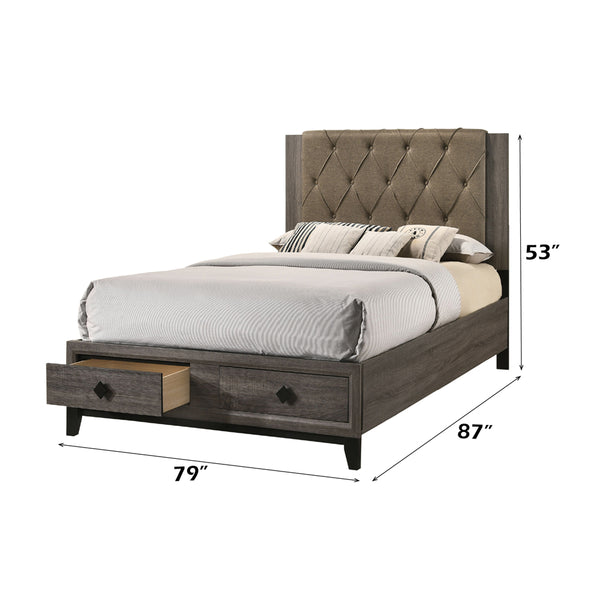 ACME Avantika Fabric & Rustic Gray Oak Eastern King Bed with Storage Model 27667EK