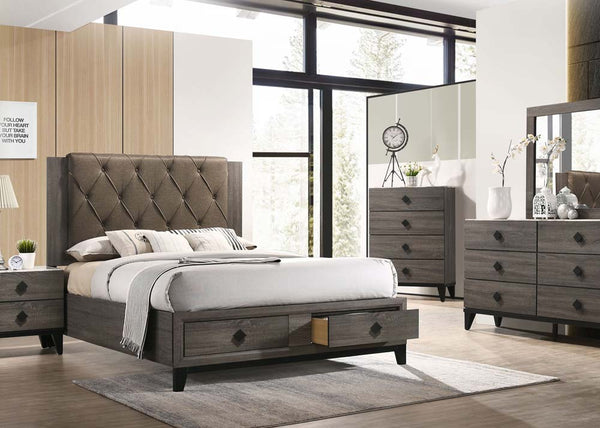 ACME Avantika Fabric & Rustic Gray Oak Eastern King Bed with Storage Model 27667EK