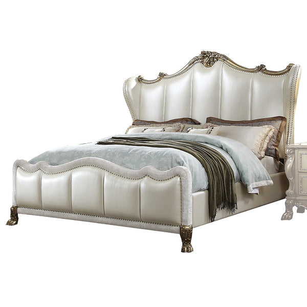 ACME Dresden II Pearl White Synthetic Leather & Gold Patina Eastern King Bed Model 27817EK