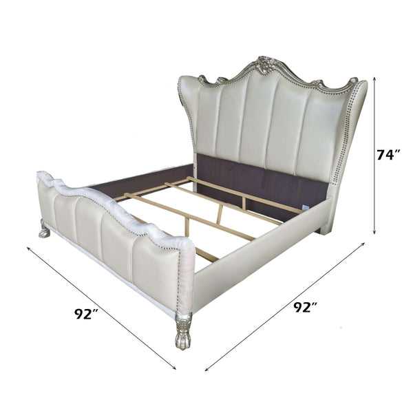 ACME Dresden II Pearl White Synthetic Leather & Gold Patina Eastern King Bed Model 27817EK