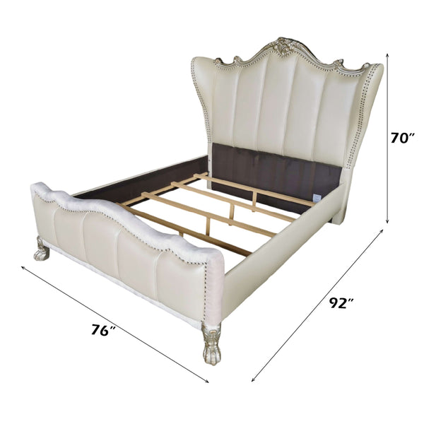 ACME Dresden II Pearl White Synthetic Leather & Gold Patina Queen Bed Model 27820Q