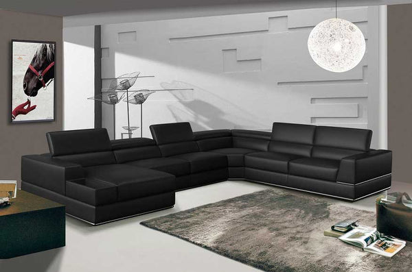 Divani Casa Pella Modern Black Italian Leather U Shaped Laf Chaise Sectional Sofa Model VGEV-5106-BLK-SECT
