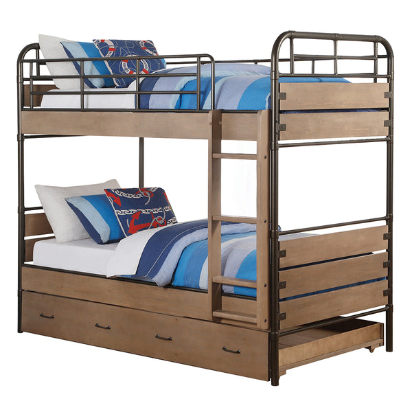 ACME Adams Antique Oak & Gunmetal Bunk Bed (Twin | Twin) with Trundle (Twin) Model 37760