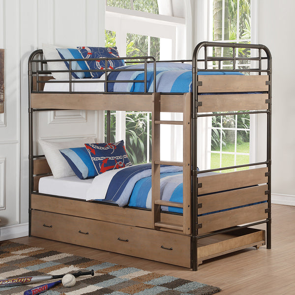 ACME Adams Antique Oak & Gunmetal Bunk Bed (Twin | Twin) with Trundle (Twin) Model 37760