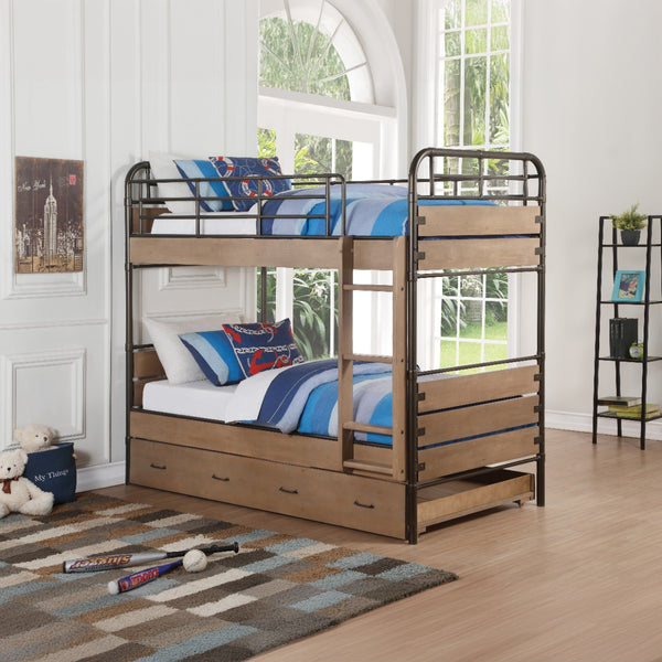 ACME Adams Antique Oak & Gunmetal Bunk Bed (Twin | Twin) with Trundle (Twin) Model 37760