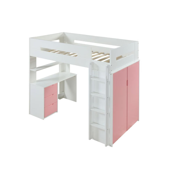ACME Nerice White & Pink Twin Loft Bed with Desk & Wardrobe Model 38040