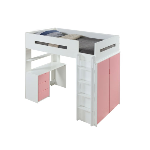 ACME Nerice White & Pink Twin Loft Bed with Desk & Wardrobe Model 38040