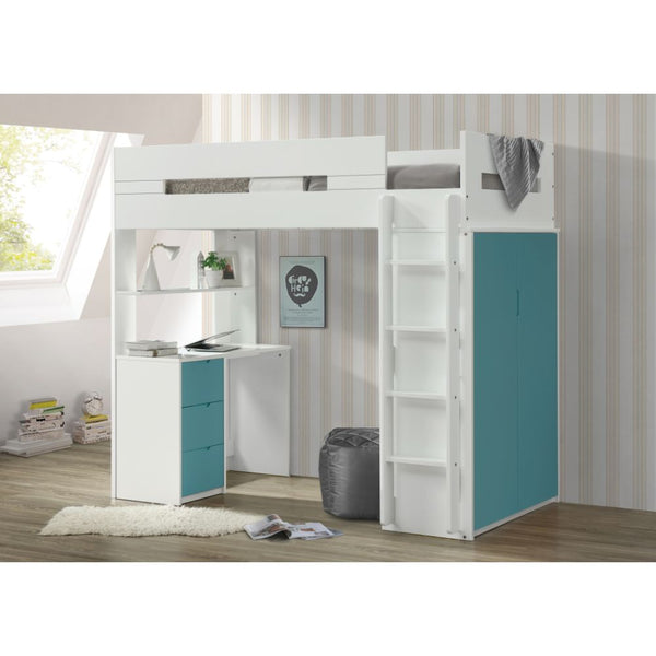 ACME Nerice White & Teal Twin Loft Bed with Desk & Wardrobe Model 38045