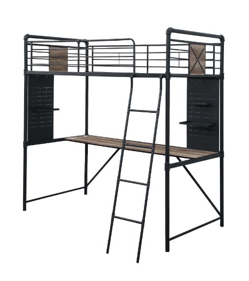 ACME Cordelia Antique Oak Sandy Black & Dark BronzeHand BrushedTwin Loft Bed with Desk Model 38310
