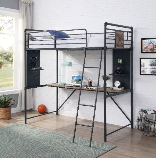 ACME Cordelia Antique Oak Sandy Black & Dark BronzeHand BrushedTwin Loft Bed with Desk Model 38310