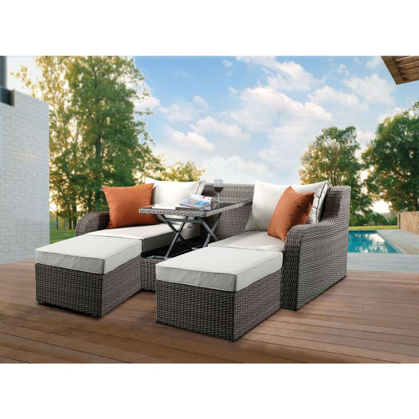 ACME Salena Beige Fabric & Gray Wicker Patio Sofa with 2 Pillows & 2 Ottomans Model 45010