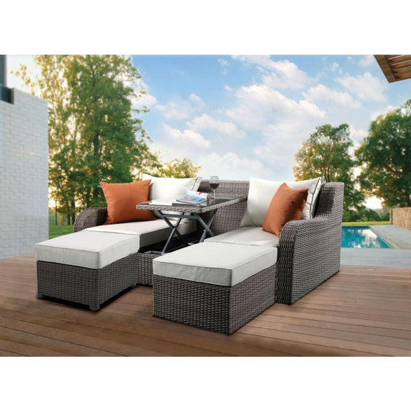 ACME Salena Beige Fabric & Gray Wicker Patio Sofa with 2 Pillows & 2 Ottomans Model 45010