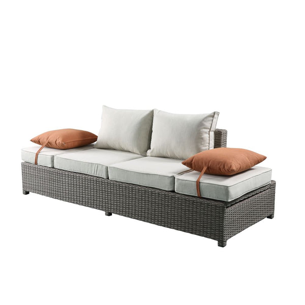 ACME Salena Beige Fabric & Gray Wicker Patio Sofa with 2 Pillows & Ottoman Model 45015