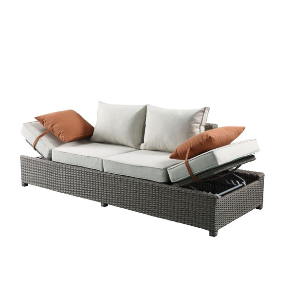 ACME Salena Beige Fabric & Gray Wicker Patio Sofa with 2 Pillows & Ottoman Model 45015