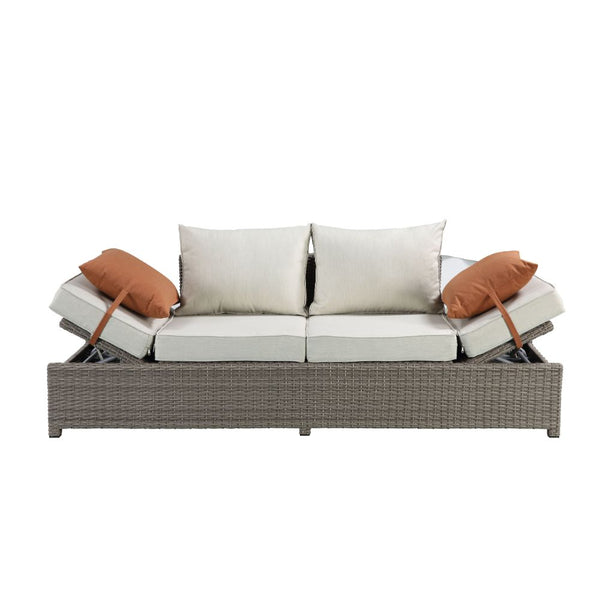 ACME Salena Beige Fabric & Gray Wicker Patio Sofa with 2 Pillows & Ottoman Model 45015