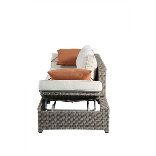 ACME Salena Beige Fabric & Gray Wicker Patio Sofa with 2 Pillows & Ottoman Model 45015