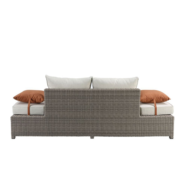 ACME Salena Beige Fabric & Gray Wicker Patio Sofa with 2 Pillows & Ottoman Model 45015