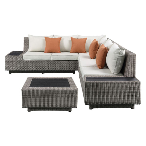 ACME Salena Beige Fabric & Gray Wicker Patio Sectional Sofa with 4 Pillows & Coffee Table Model 45020