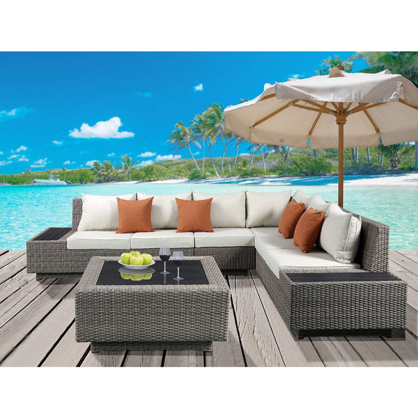 ACME Salena Beige Fabric & Gray Wicker Patio Sectional Sofa with 4 Pillows & Coffee Table Model 45020