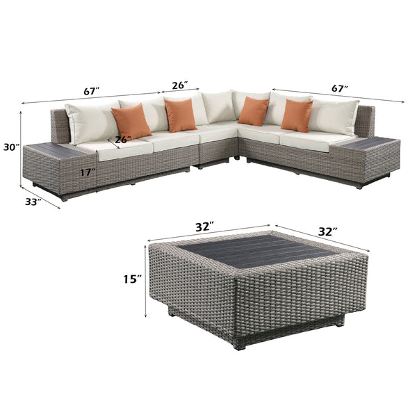 ACME Salena Beige Fabric & Gray Wicker Patio Sectional Sofa with 4 Pillows & Coffee Table Model 45020