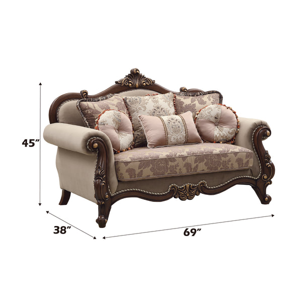 ACME Mehadi Velvet & Walnut Loveseat with 6 Pillows Model 50691