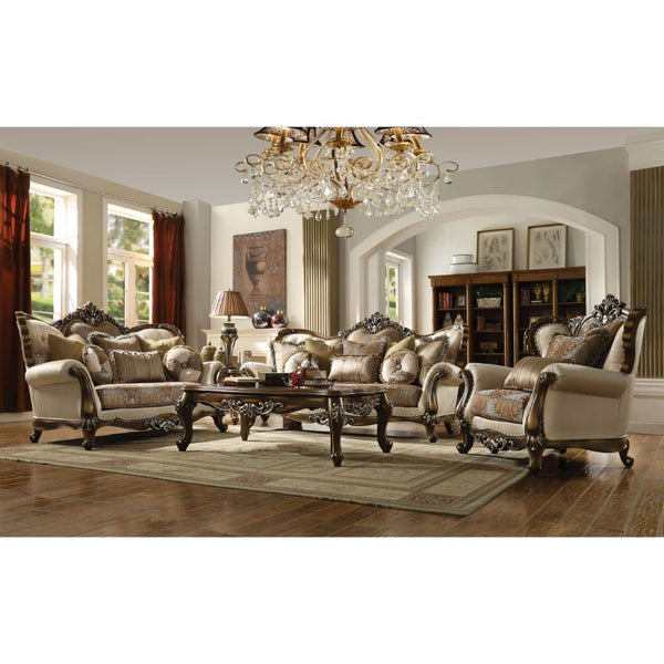 ACME Latisha Tan Pattern Fabric & Antique Oak Loveseat with 6 Pillows(Same LV01577) Model 52116