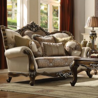 ACME Latisha Tan Pattern Fabric & Antique Oak Loveseat with 6 Pillows(Same LV01577) Model 52116