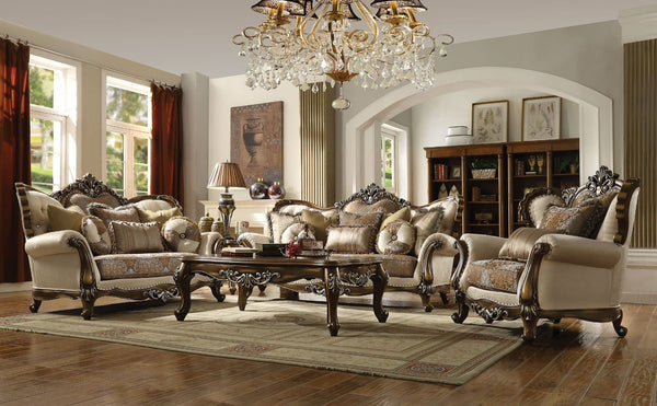 ACME Latisha Tan Pattern Fabric & Antique Oak Sofa with 8 Pillows(Same LV01576) Model 52115